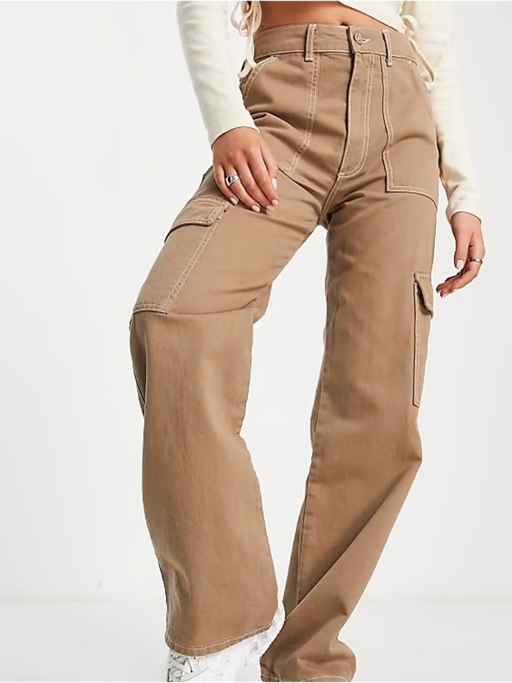 High-Waist Cargo Wide-Leg Pants in Tan